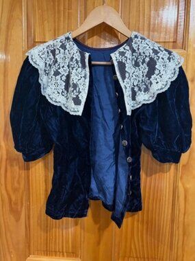 Vintage Gunne Sax Velvet Lace Collar Blouse Navy Victorian Cottagecore 3/4
